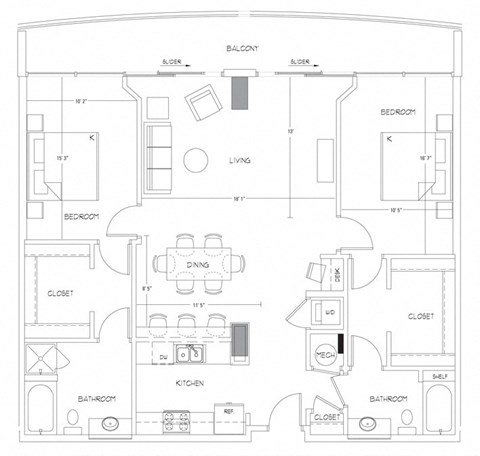 Floor plan for 2 beds, 2 baths, 1398 sqft